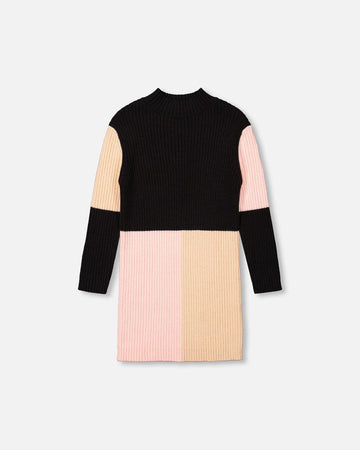 Color Block Knitted Sweater Dress Pink, Beige And Black
