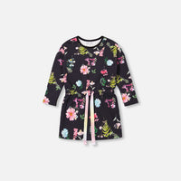 Long Sleeve French Terry Tunic Black Botanical Flowers Print