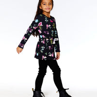 Long Sleeve French Terry Tunic Black Botanical Flowers Print