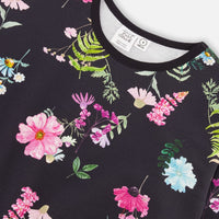 Long Sleeve French Terry Tunic Black Botanical Flowers Print