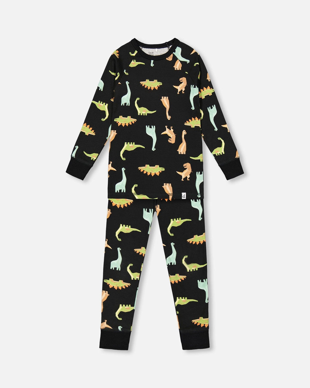 Organic Cotton Two Piece Pajama Set Black With Dinosaurs Print