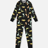 Organic Cotton Two Piece Pajama Set Black With Dinosaurs Print