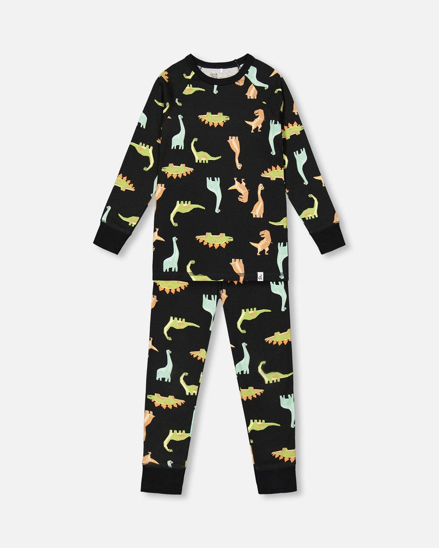 Organic Cotton Two Piece Pajama Set Black With Dinosaurs Print