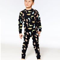 Organic Cotton Two Piece Pajama Set Black With Dinosaurs Print
