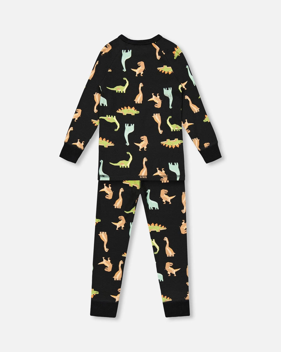 Organic Cotton Two Piece Pajama Set Black With Dinosaurs Print