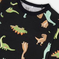 Organic Cotton Two Piece Pajama Set Black With Dinosaurs Print