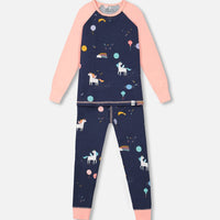 Organic Cotton Long Sleeve Two Piece Pajama Navy Unicorns Print
