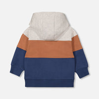 Full Zip Color Block Hooded Fleece Indigo Blue, Brown And Ivory Stripe