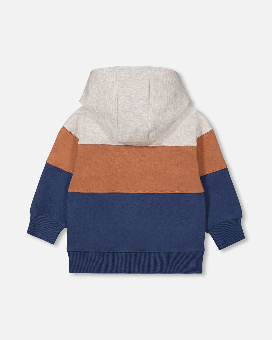 Full Zip Color Block Hooded Fleece Indigo Blue, Brown And Ivory Stripe