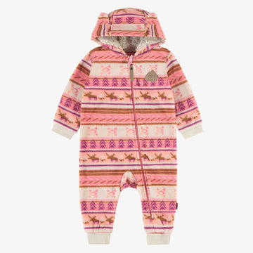 ONE-PIECE PINK AND CREAM WITH WINTER PATTERNS AND CAP IN FLEECE, BABY