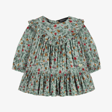 GREEN LONG SLEEVES DRESS WITH RUFFLE AND FLORAL PATTERN IN VISCOSE, BABY