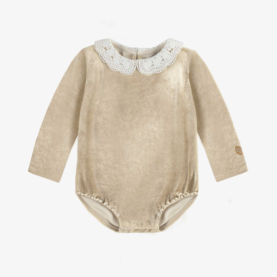 LONG-SLEEVED CHAMPAGNE BODY WITH A CLAUDINE COLLAR IN VELVET, BABY