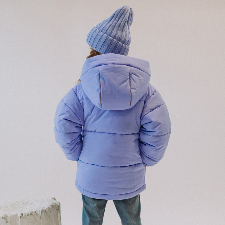 BLUE PUFFER COAT WITH HIGH COLLAR AND HOOD, CHILD
