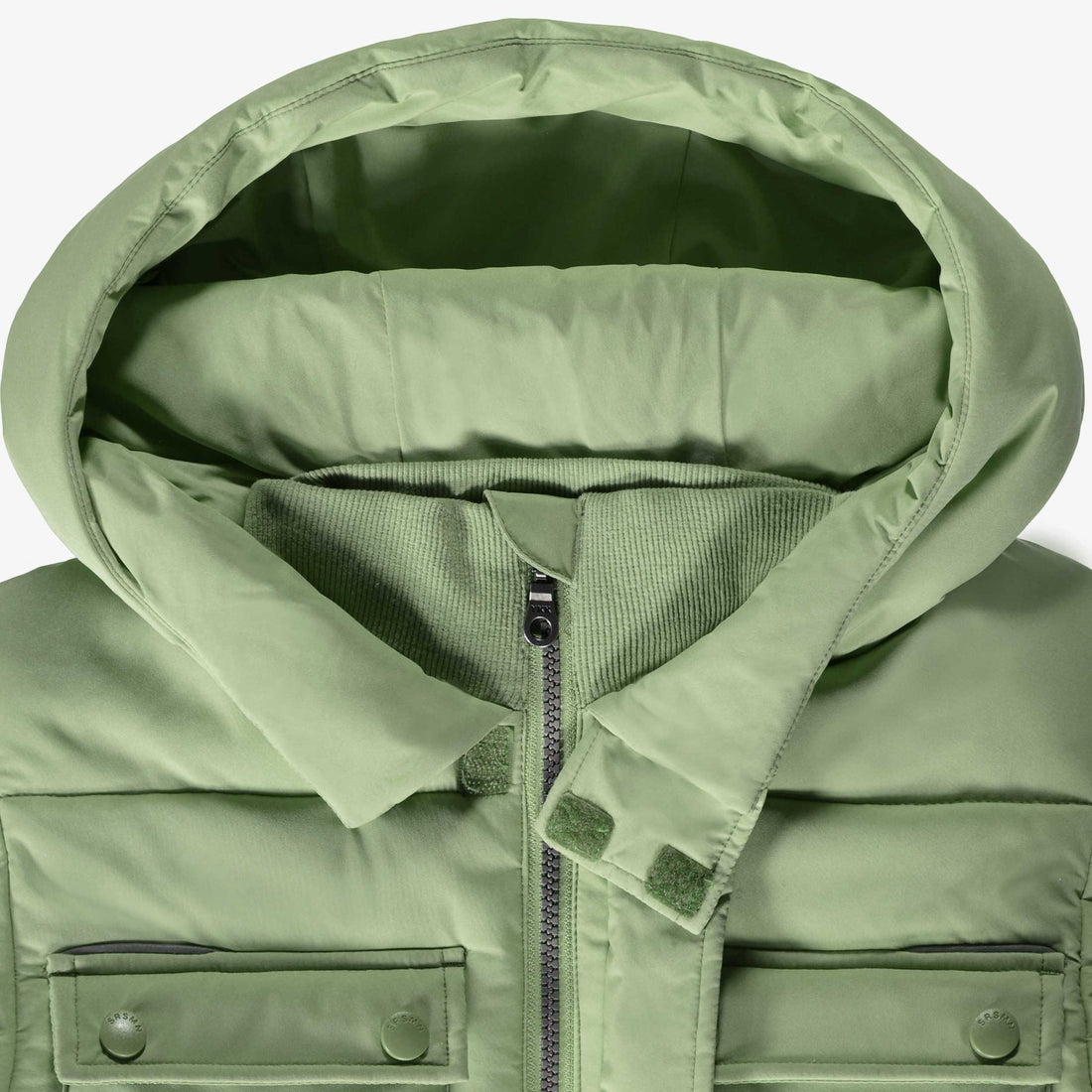 GREEN PUFFER COAT WITH HIGH COLLAR AND HOOD, CHILD