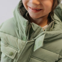 GREEN PUFFER COAT WITH HIGH COLLAR AND HOOD, CHILD