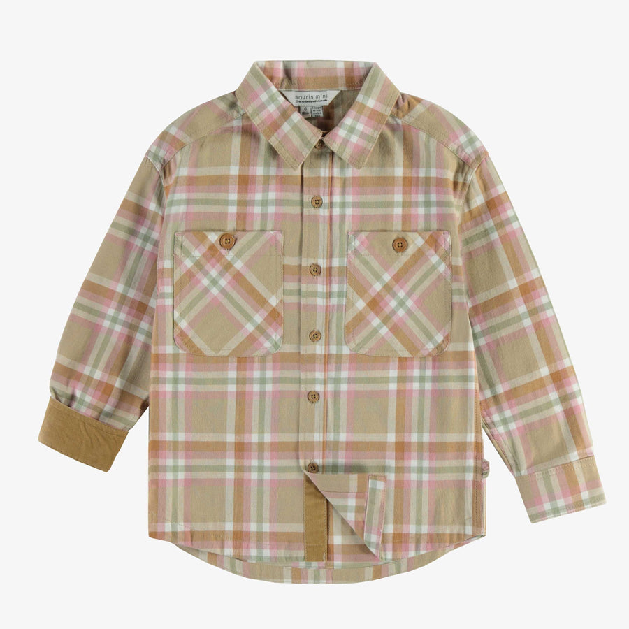 BEIGE AND PINK CHECKERED SHIRT IN BRUSHED TWILL, CHILD