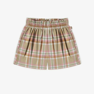 BEIGE AND PINK CHECKERED SHORTS IN BRUSHED TWILL, CHILD