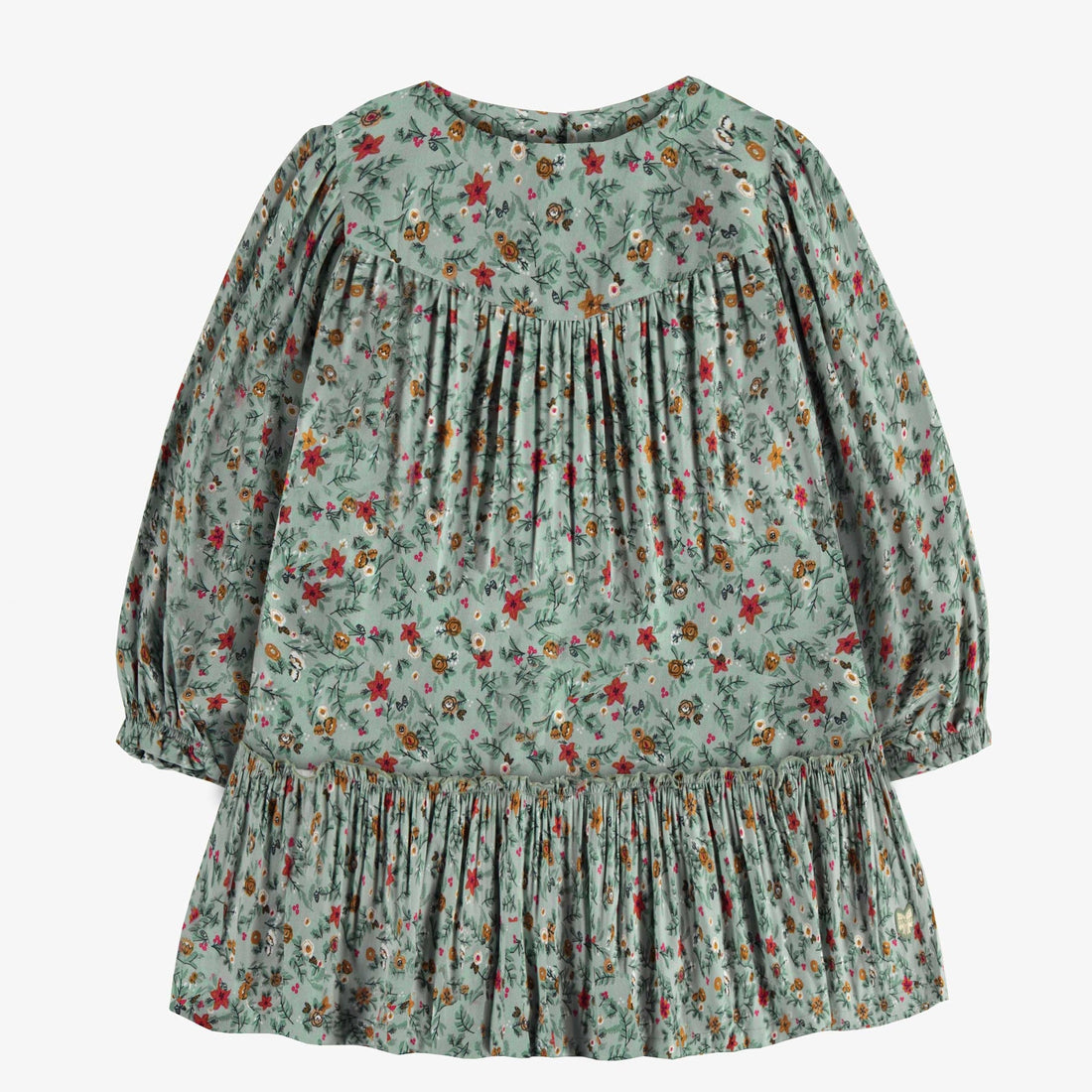 GREEN LONG SLEEVES DRESS WITH FLORAL PATTERN IN VISCOSE, CHILD