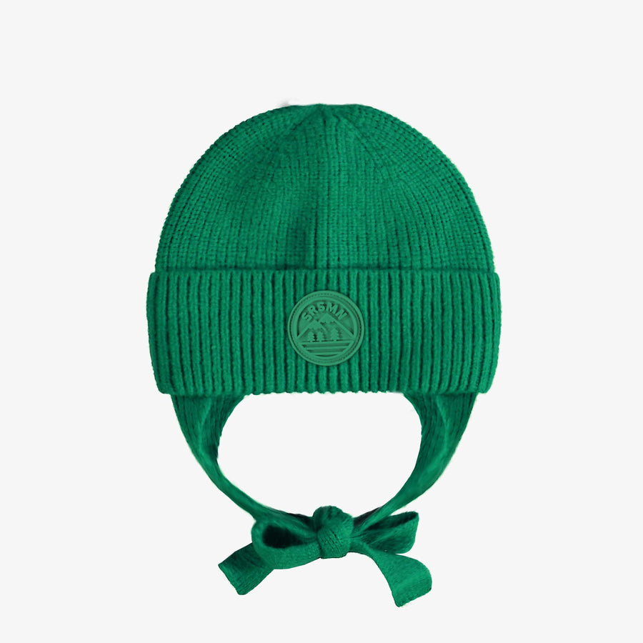 Green knit toque with cords, baby