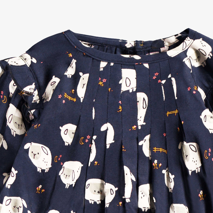 Navy blue dress with all over print, baby