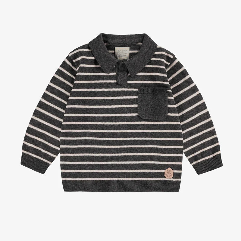 GRAY STRIPED KNIT POLO SHIRT, BABY