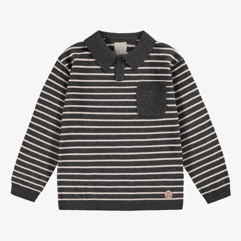 GRAY STRIPED KNIT POLO SHIRT, CHILD