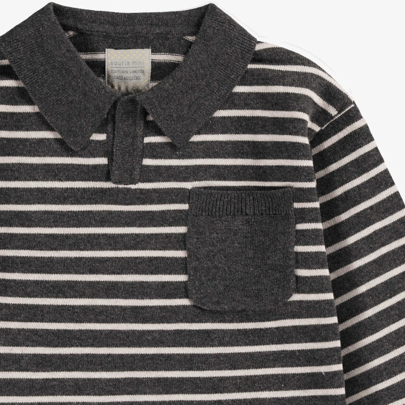GRAY STRIPED KNIT POLO SHIRT, CHILD