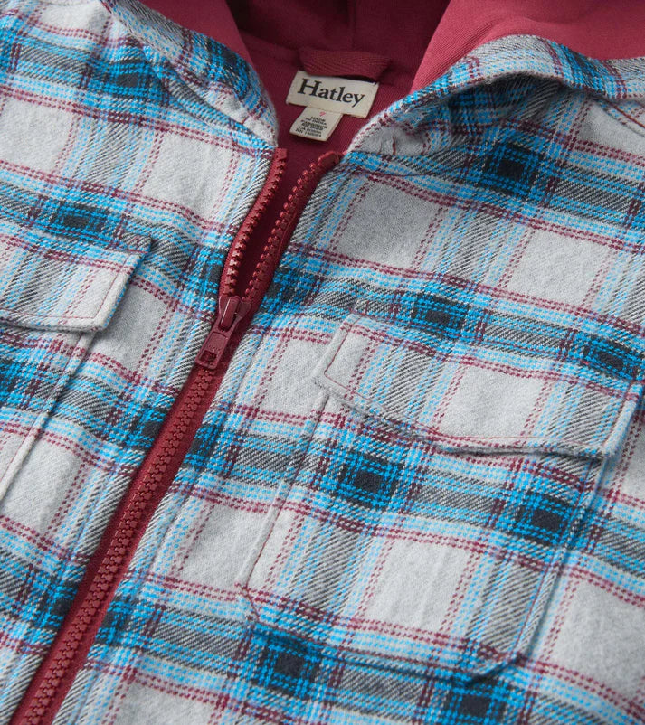 Boys Charcoal And Maroon Plaid Lined Hooded Jacket