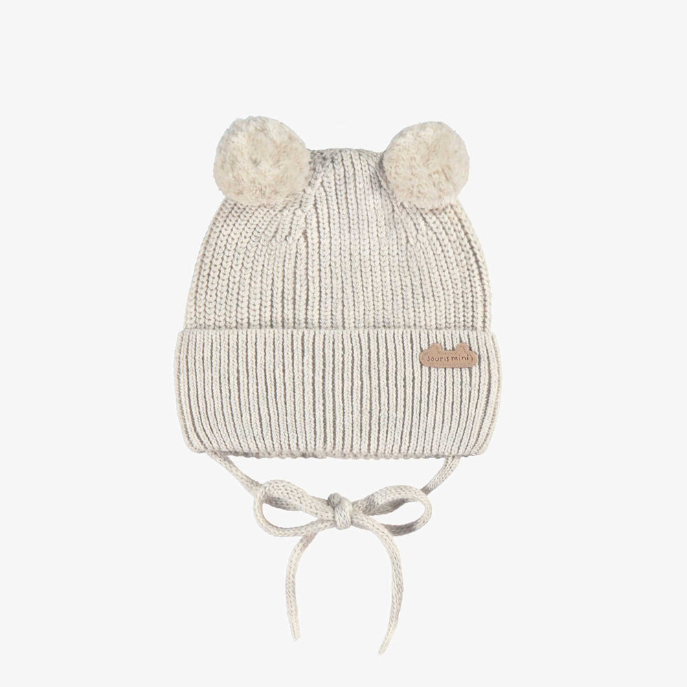 Cream knit beanie with pom-poms, newborn