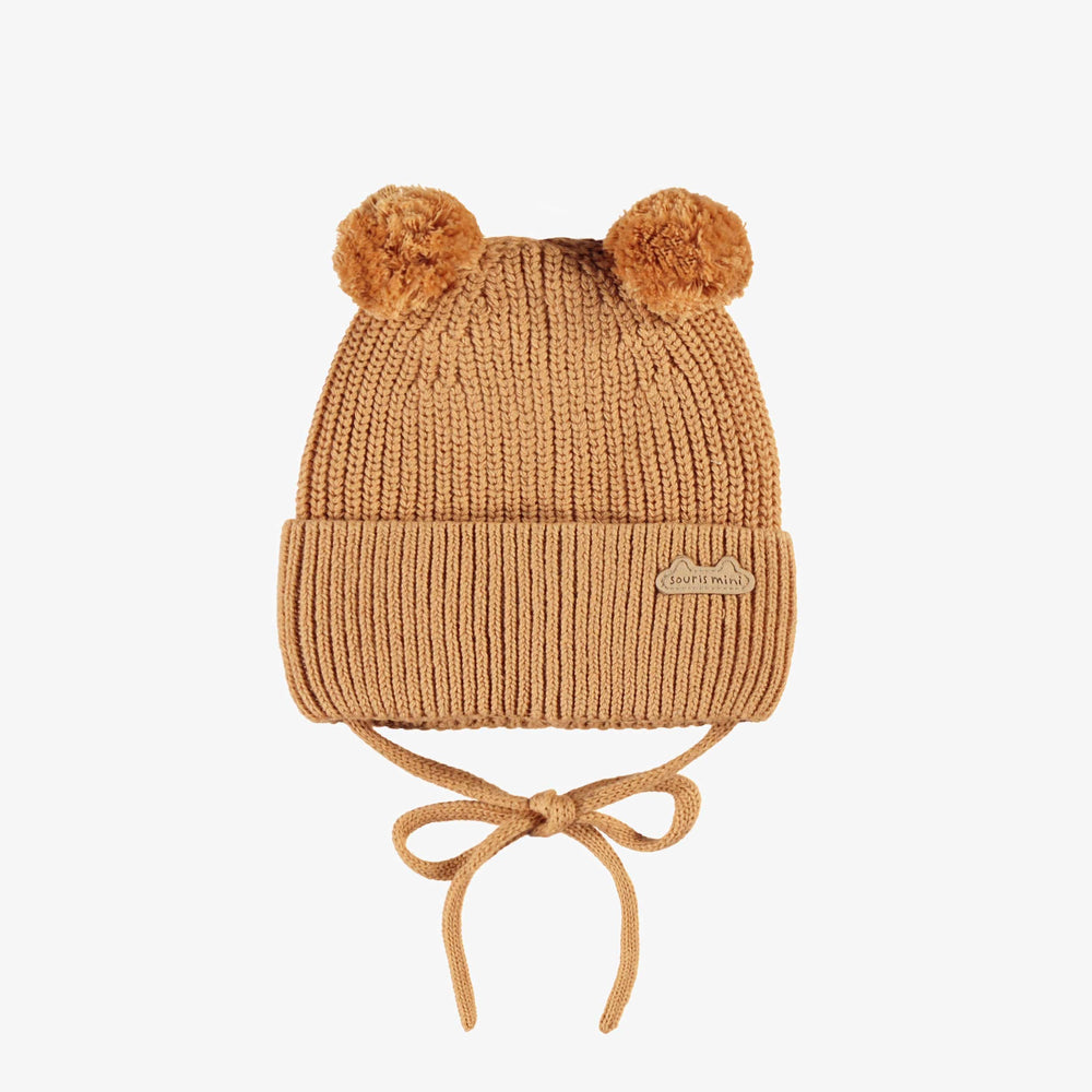 Brown knit beanie with pom-poms, newborn