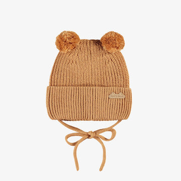 Brown knit beanie with pom-poms, newborn