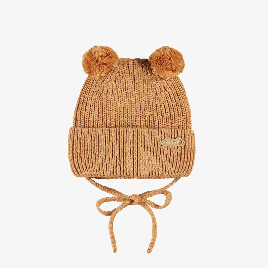 Brown knit beanie with pom-poms, newborn