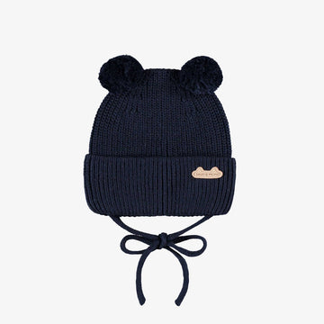 Navy blue knit beanie with pom-poms, newborn