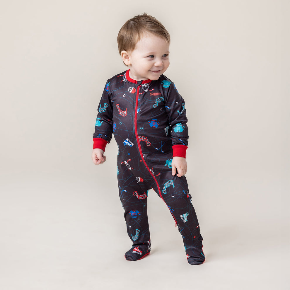 Baby Black Hockey One-Piece Pajamas