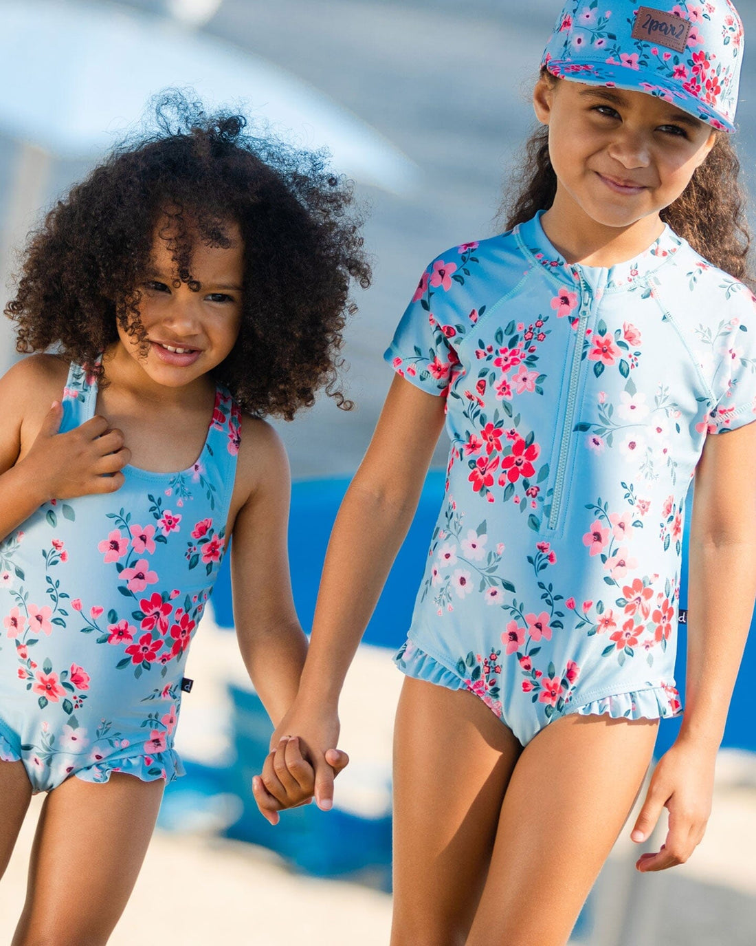 One Piece Swimsuit Light Blue Flower Print