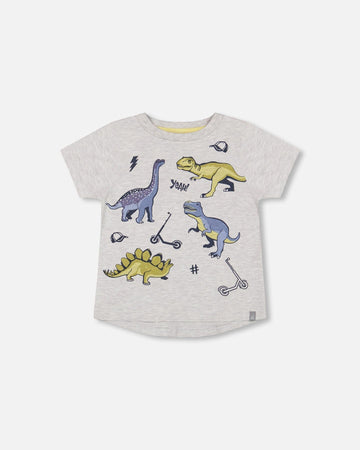 Organic Cotton T-Shirt With Dino Print Light Gray Mix