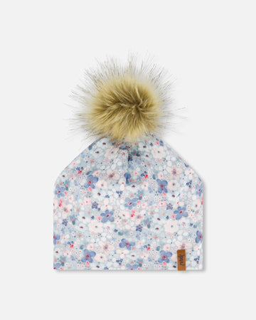 Detachable Pompom Hat Baby Blue Printed Watercolor Flowers