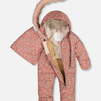 One Piece Baby Hooded Snowsuit Printed Vintage Flowers Designed For Car Seat