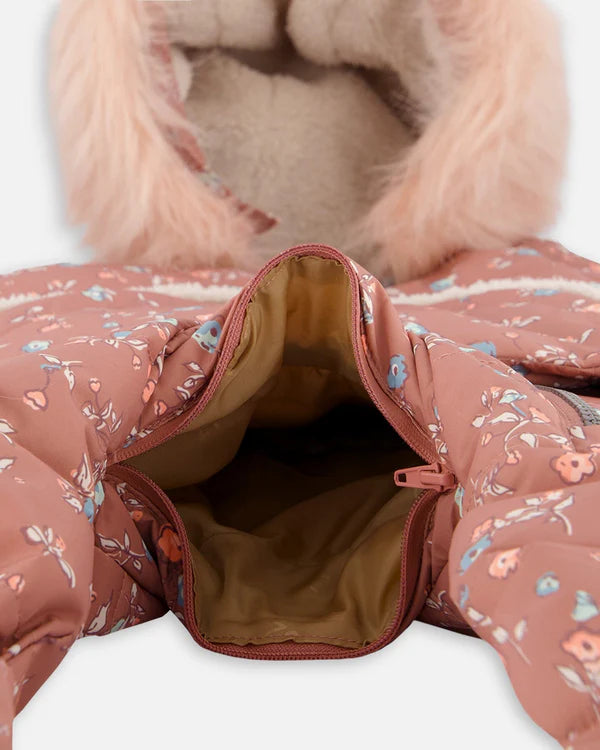 One Piece Baby Hooded Snowsuit Printed Vintage Flowers Designed For Car Seat