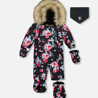 One Piece Baby Snowsuit Black Printed Roses Designed For Car Seat