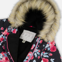 One Piece Baby Snowsuit Black Printed Roses Designed For Car Seat