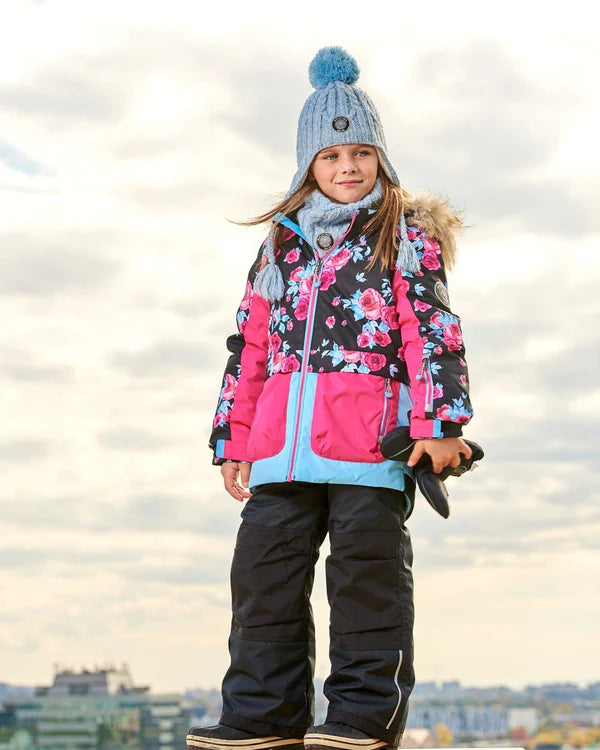 Two Piece Snowsuit Printed Roses With Solid Pant Black