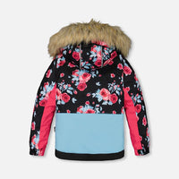 Two Piece Snowsuit Printed Roses With Solid Pant Black