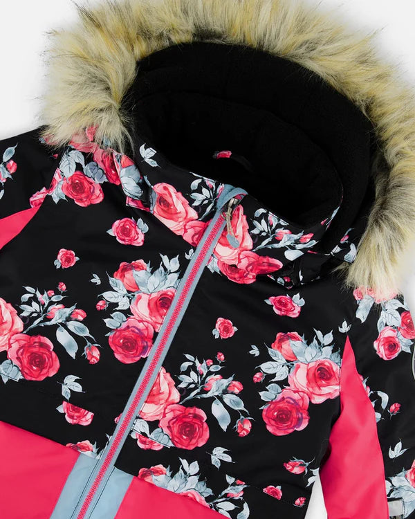 Two Piece Snowsuit Printed Roses With Solid Pant Black