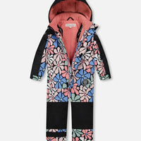 One Piece Snowsuit Printed Retro Flowers Blue