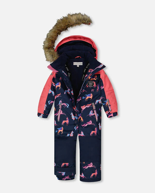 One Piece Snowsuit Navy Printed Unicorn