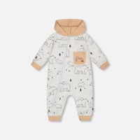 Organic Cotton Hooded Jumpsuit Gray Mix Printed Bears