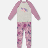 Organic Cotton Two Piece Pajama Set Mauve Printed Unicorns