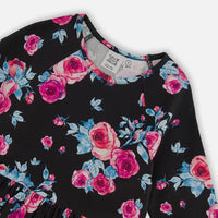 Printed Roses Dress With Pockets Black