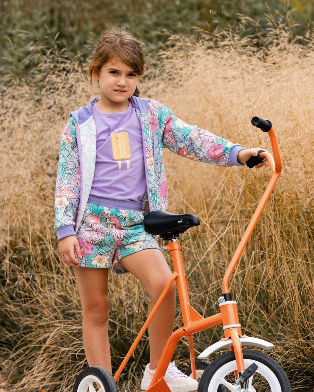 Printed French Terry Short Lilac Tropical And Pink Flamingos